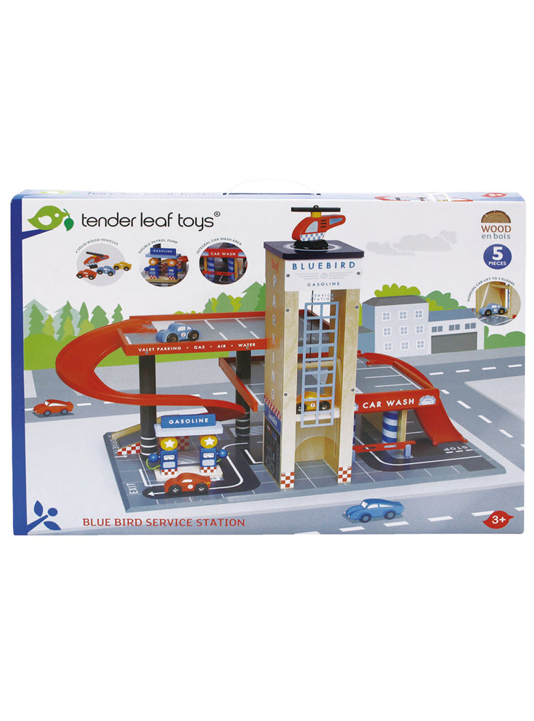 Blue Bird Service Station Childrens Wooden Toy Cars Set - Packaging Image 1