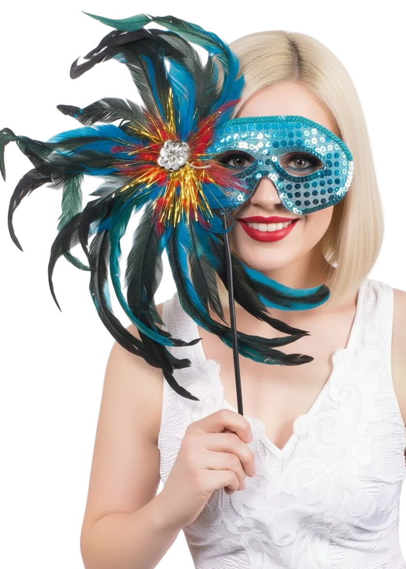 Aqua Sequined Hand Held Feather Masquerade Mask - Main Image