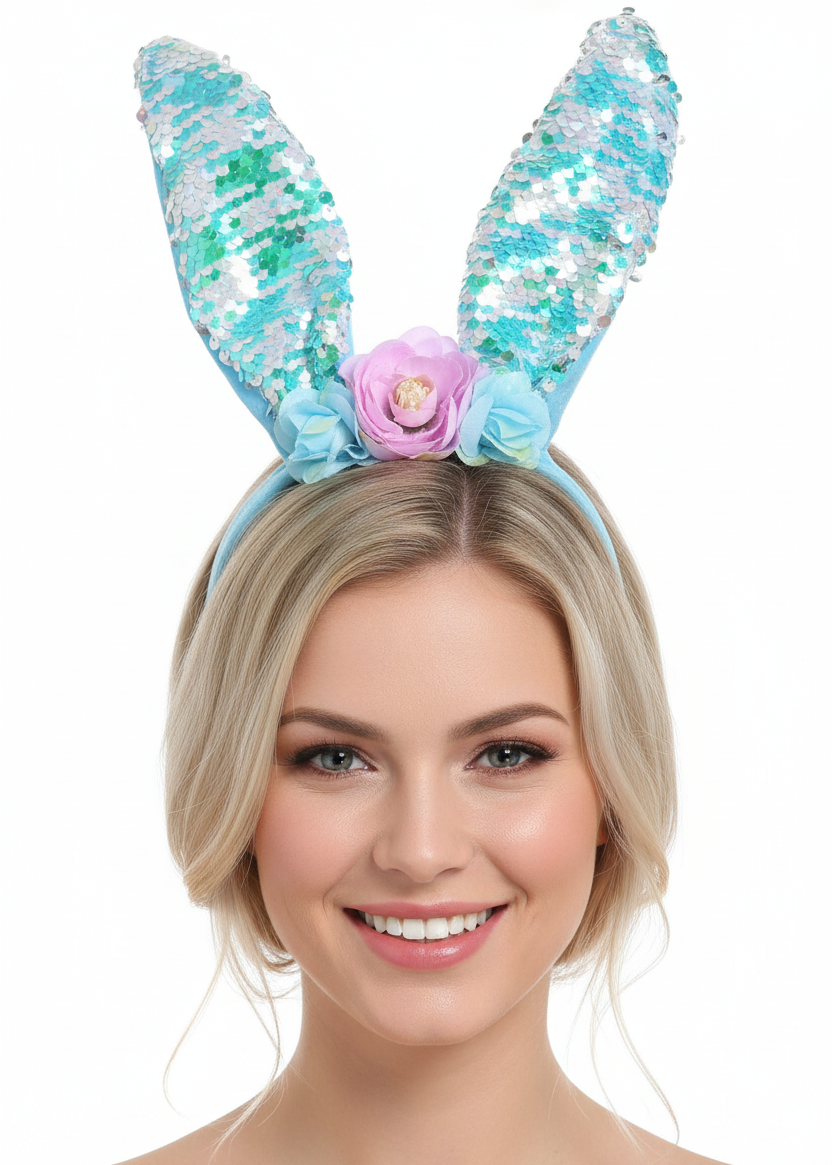 Reversible Blue and Silver Sequin Bunny Ears - Main Image