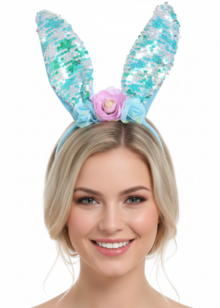 Reversible Blue and Silver Sequin Bunny Ears - Main Image