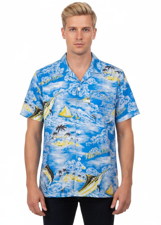 Blue and Yellow Button Up Hawaiian Men's Costume Shirt - main image