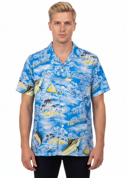 Blue and Yellow Button Up Hawaiian Men's Costume Shirt - main image