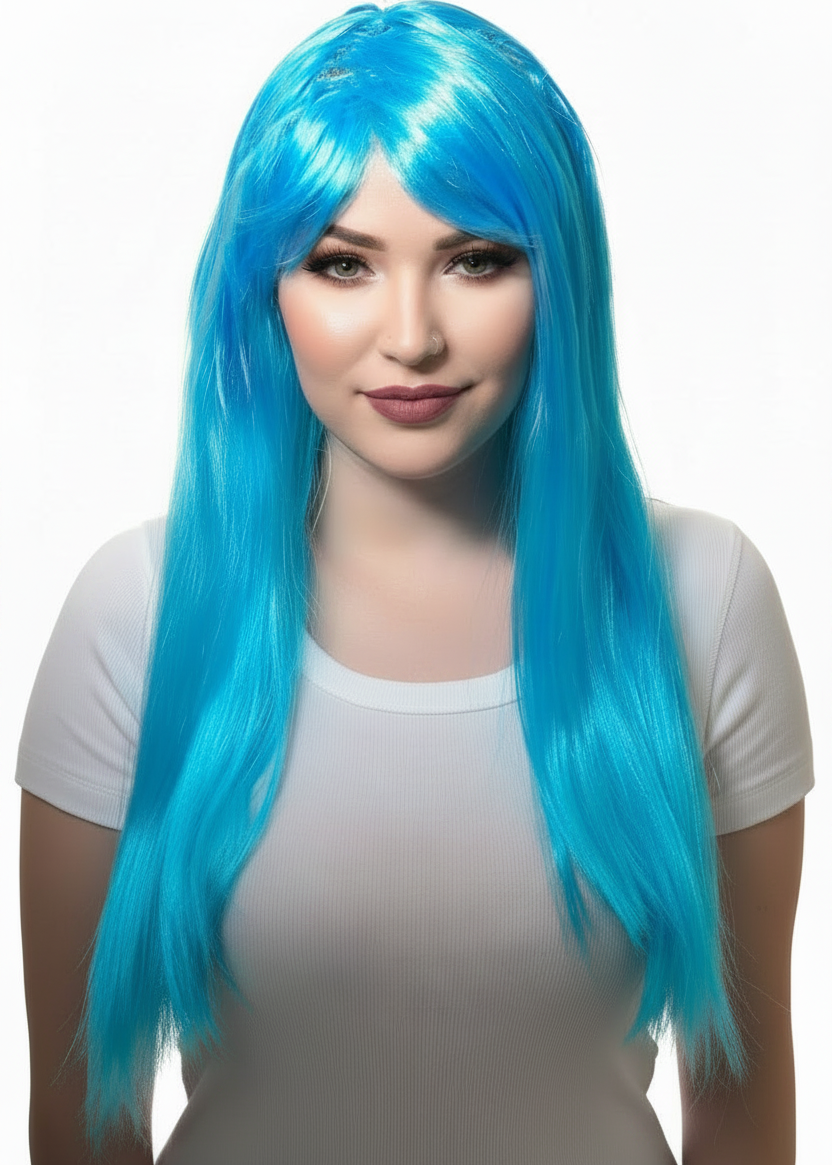 Long Women's Straight Light Blue Costume Wig with Fringe - Main Image