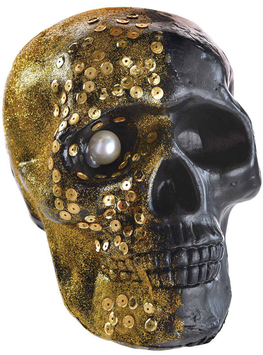 22cm Gold Glitter Boneyard Glam Halloween Skull Decoration - Main Image