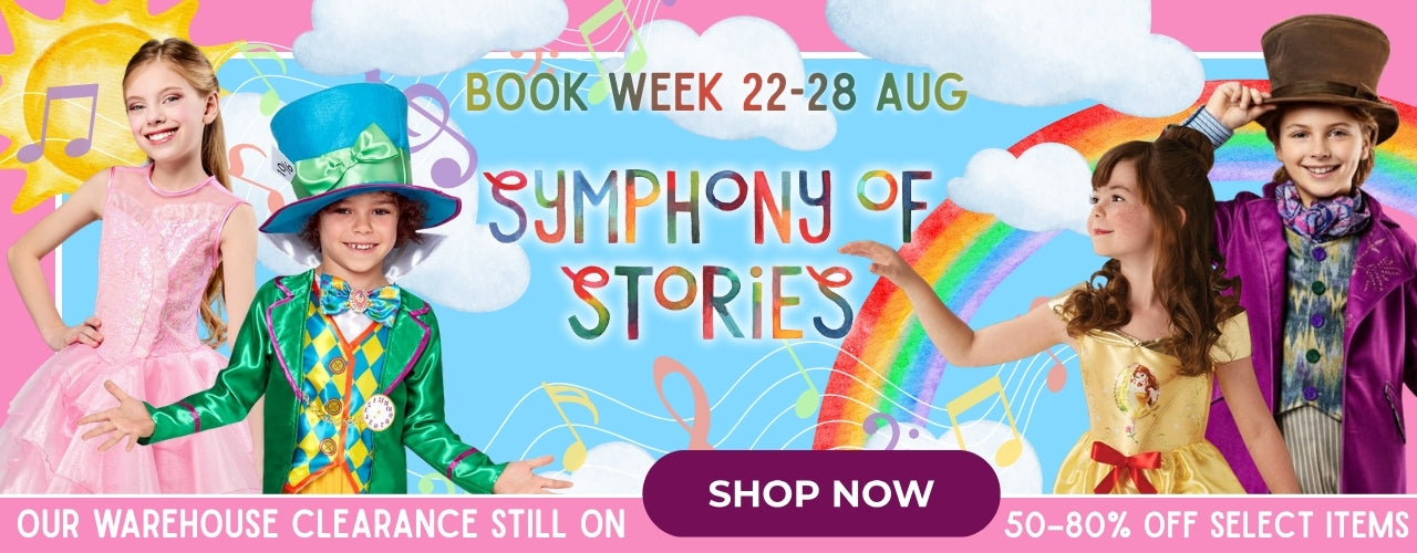 A colorful promotional banner for 'Symphony of Stories' Book Week, featuring children dressed as characters against a whimsical background with rainbows, clouds, and music notes. Text includes 'BOOK WEEK 22-28 AUG', 'Symphony of Stories', 'SHOP NOW', and '50-80% OFF SELECT ITEMS'.