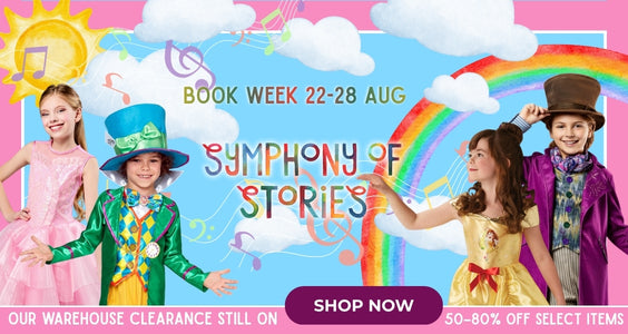 A colorful mobile version promotional banner for 'Symphony of Stories' Book Week, featuring children in whimsical costumes against a bright sky background with a rainbow, clouds, and musical notes. Text includes 'Book Week 22-28 Aug', 'Symphony of Stories', and 'Shop Now'.