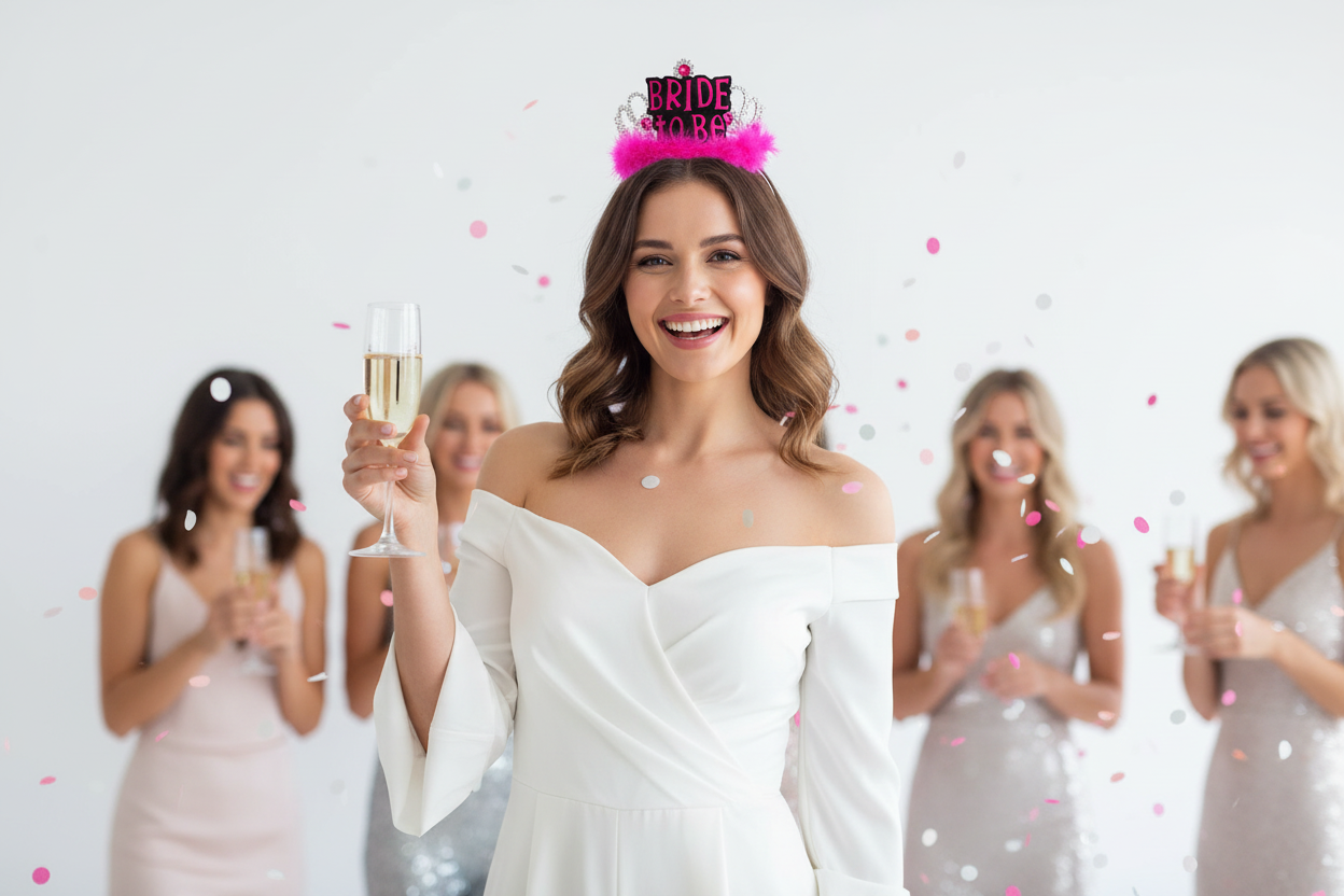 Image of Pretty Silver Bride to Be Hen's Party Tiara with Pink Feathers - lifestyle image