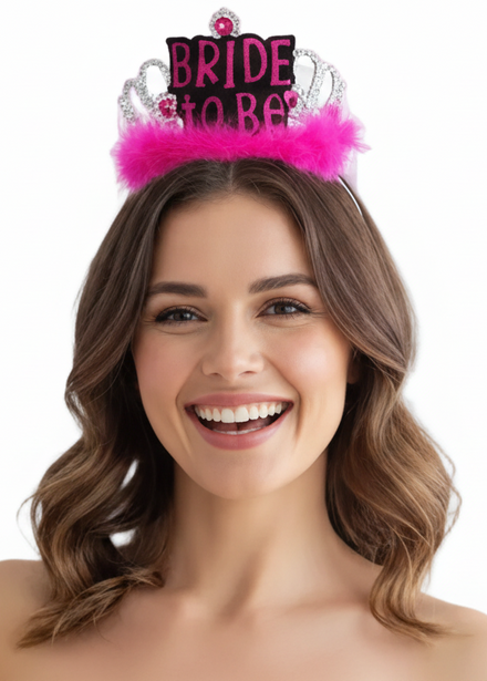Image of Pretty Silver Bride to Be Hen's Party Tiara with Pink Feathers - main image