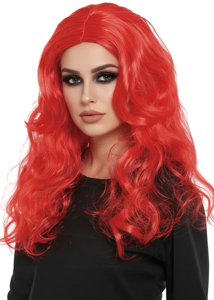 Bright Red Long Curly Red Women's Costume Wig - Main Image