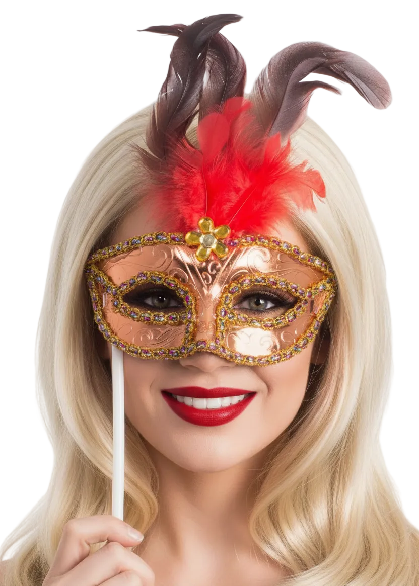 Rose Gold Mask with Red Feathers on Stick - Main Image