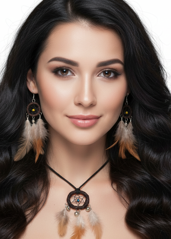 Brown Feather Dream Catcher Jewellery Set - main image