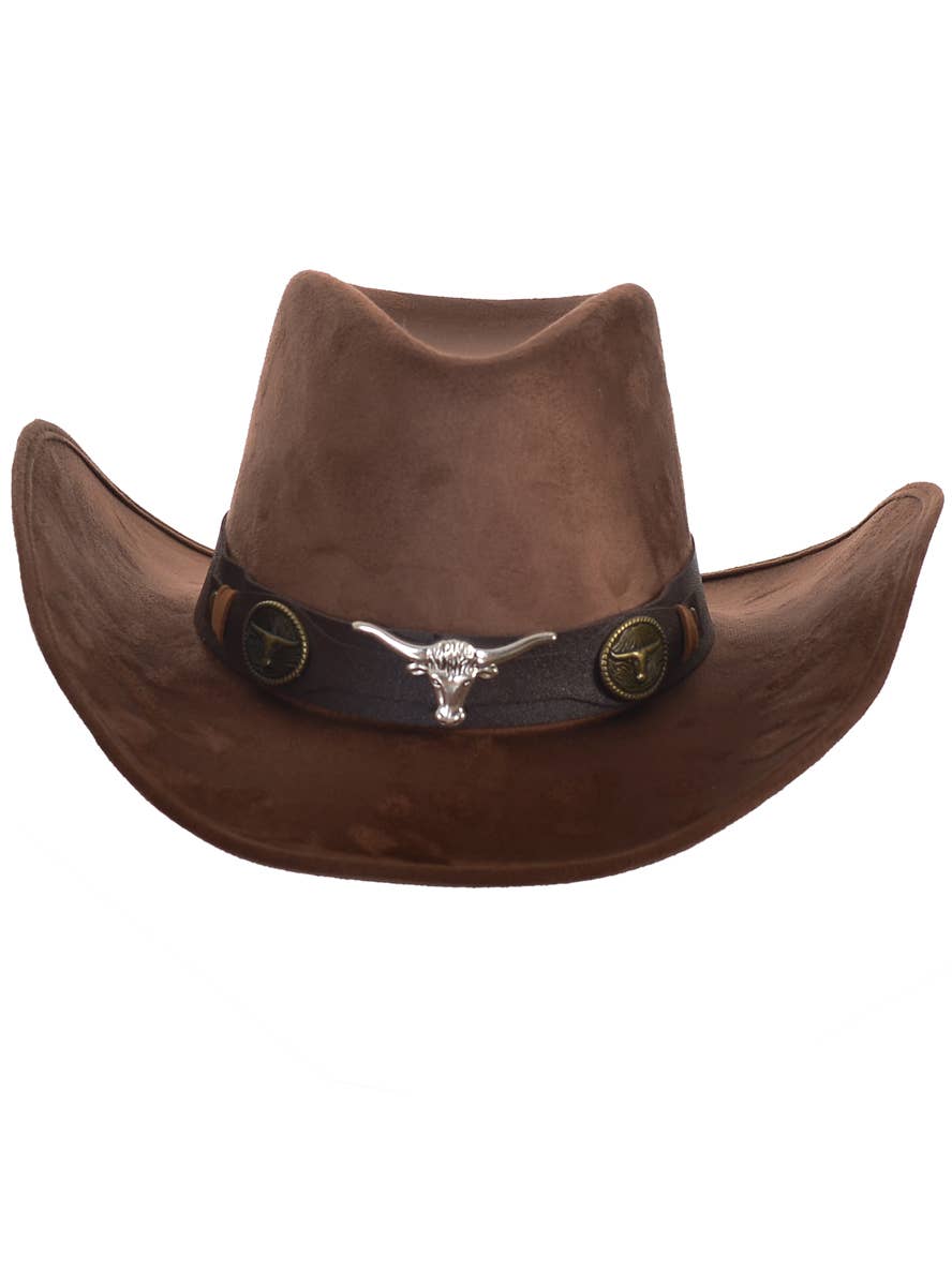 Image of Rodeo Brown Faux Suede Cowboy Hat with Bull Embellishments - Front Image