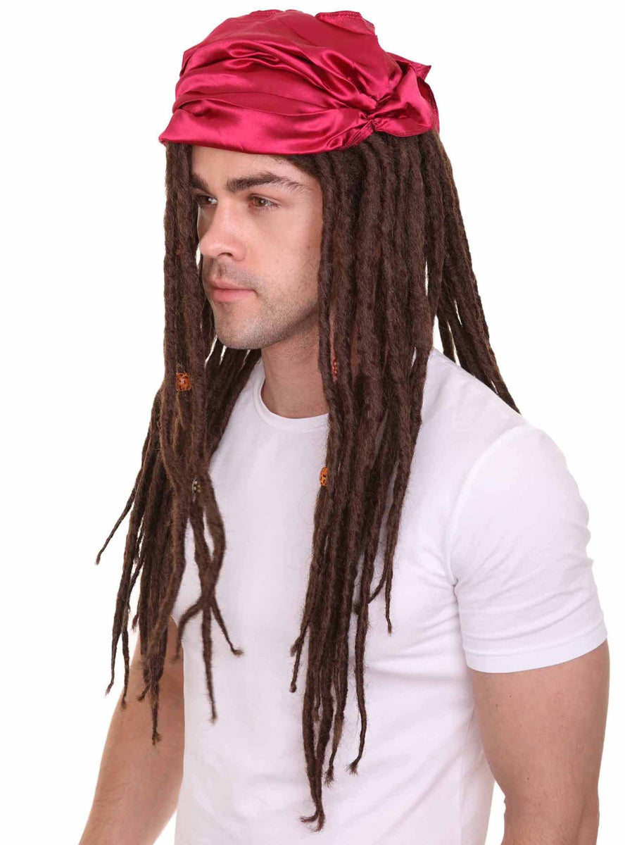 Buccaneer Pirate Mens Brown Dreadlocks Costume Wig - Side Image 2