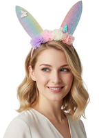  Pastel Rainbow Iridescent Glitter Bunny Ears Costume Headband - main image