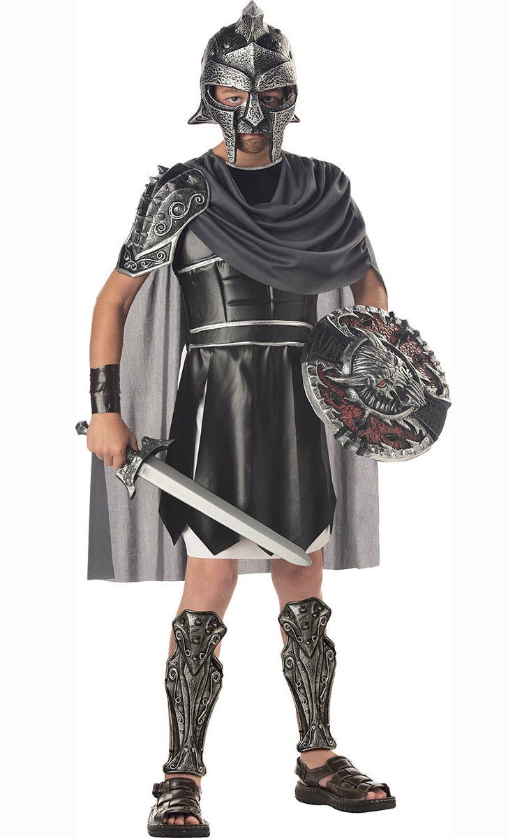 Boy's Black Gladiator Roman Warrior Costume Front