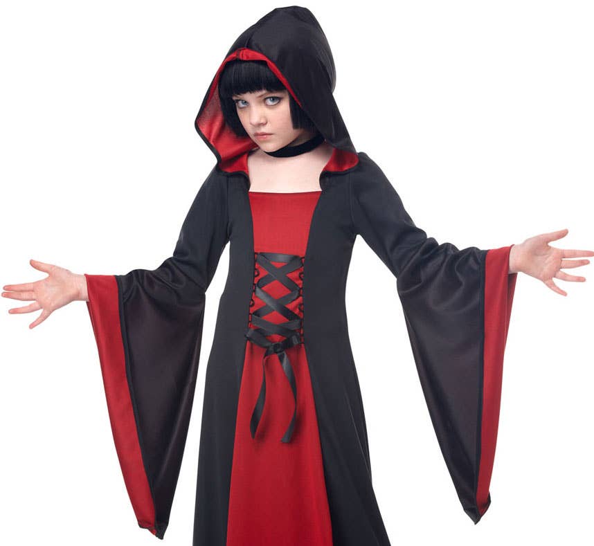 Long Hooded Girls Black and Red Robe | Kids HALLOWEEN COSTUMES