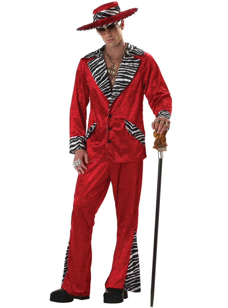 Playa Pimp Deluxe Red Velvet Pants Jacket and Hat with Zebra Trim Mens Cool Dress Up Costume - Main Image