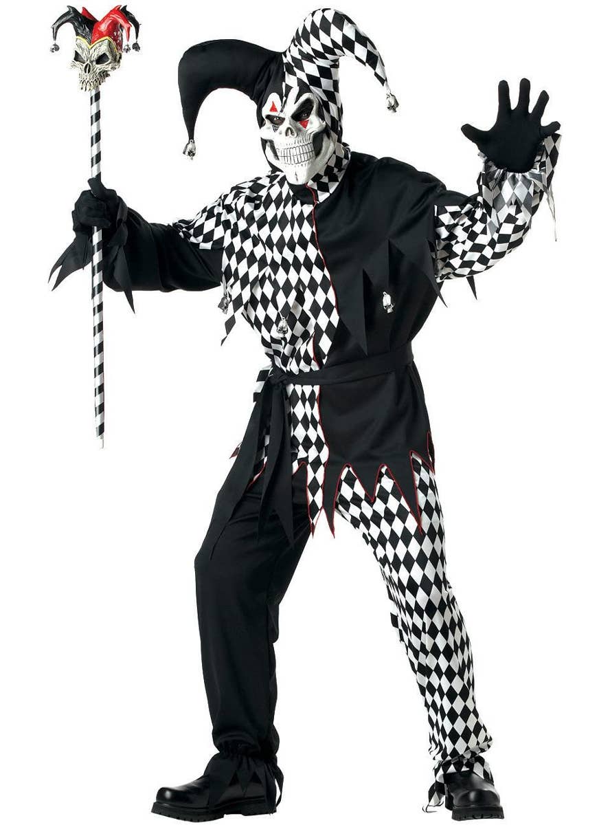Evil Jester Black and White Check and Plain Pants and Top Includes Scary Mask Men's Halloween Costume - Main Image