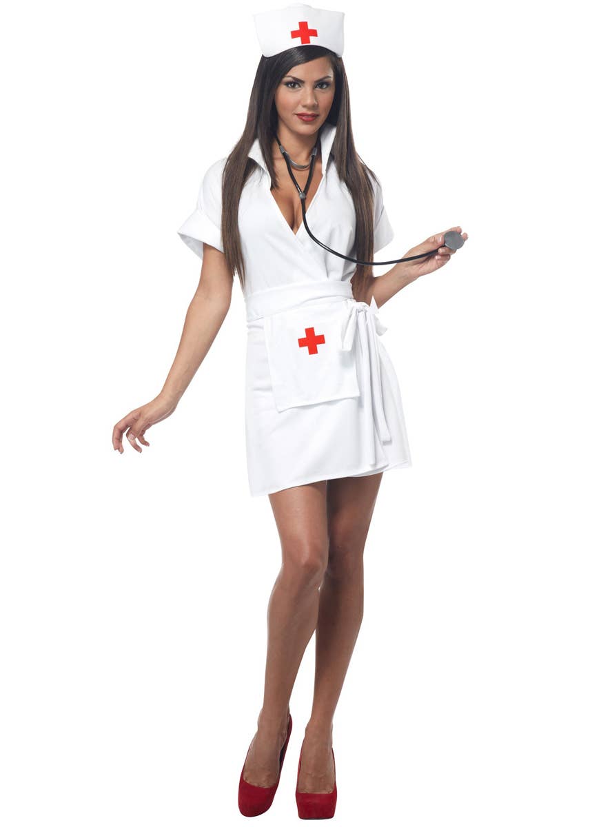 Women's White And Red Sexy Nurse Outfit Fancy Dress Costume Main Image