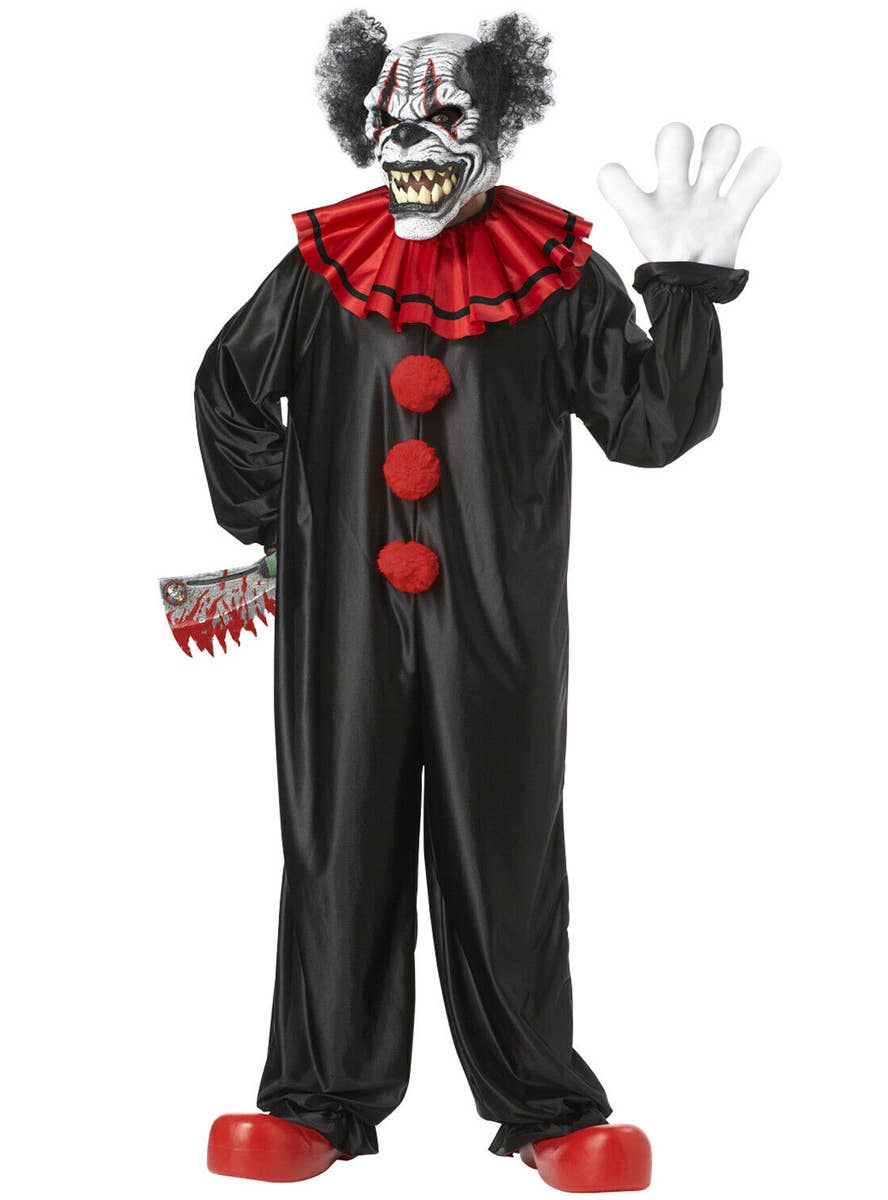 Red and Black Last Laugh Evil Clown Men's Halloween Costume with Deluxe Ani-Motion Mask - Main Image