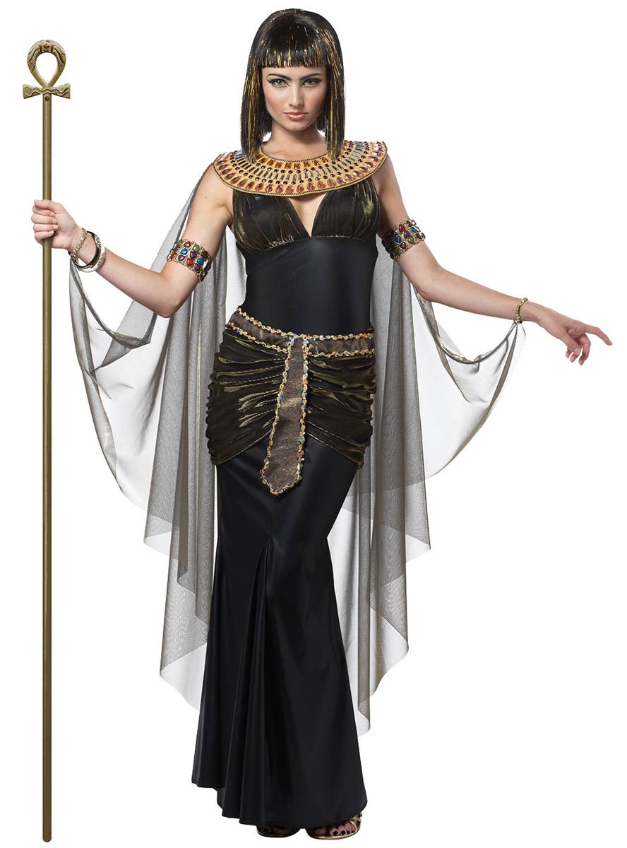 Queen Cleopatra Women's Egyptian Costume Black Toga Fancy Dress Front Image