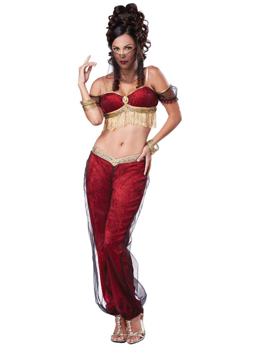 Women's Sexy Red and Gold Velvet Dreamy Genie Costume - Main Image