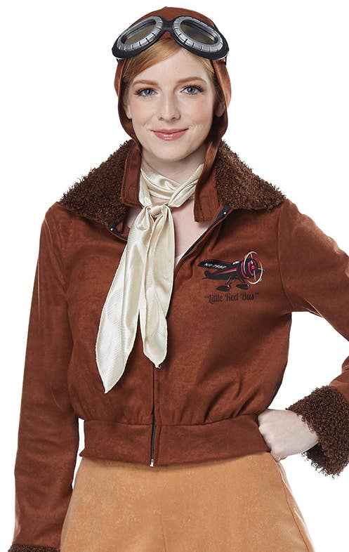 Amelia Earhart Aviator Costume - Brown Bomber Jacket, Hat, Goggles & Scarf, X-Large