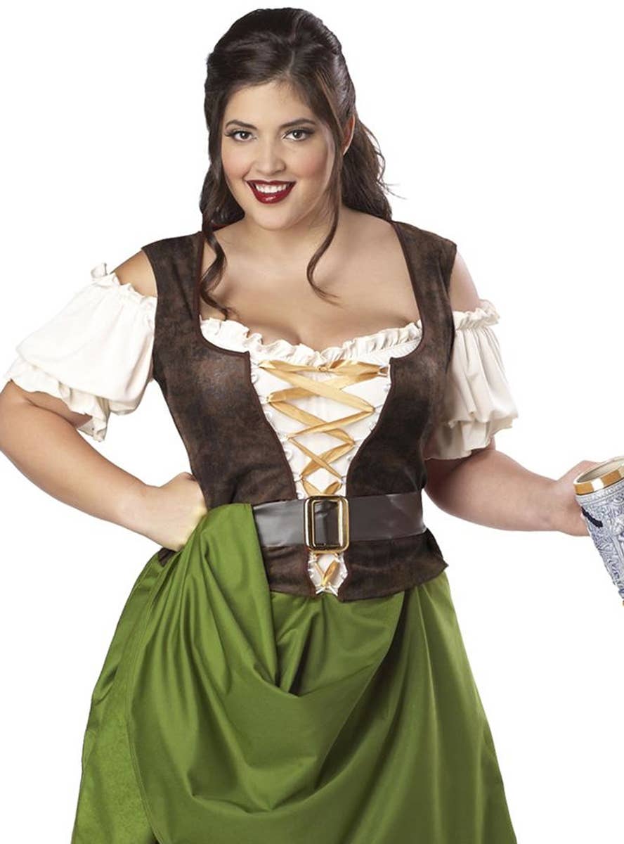 Women's Long Tavern Maiden Plus Size Fancy Dress Costume Close Up View