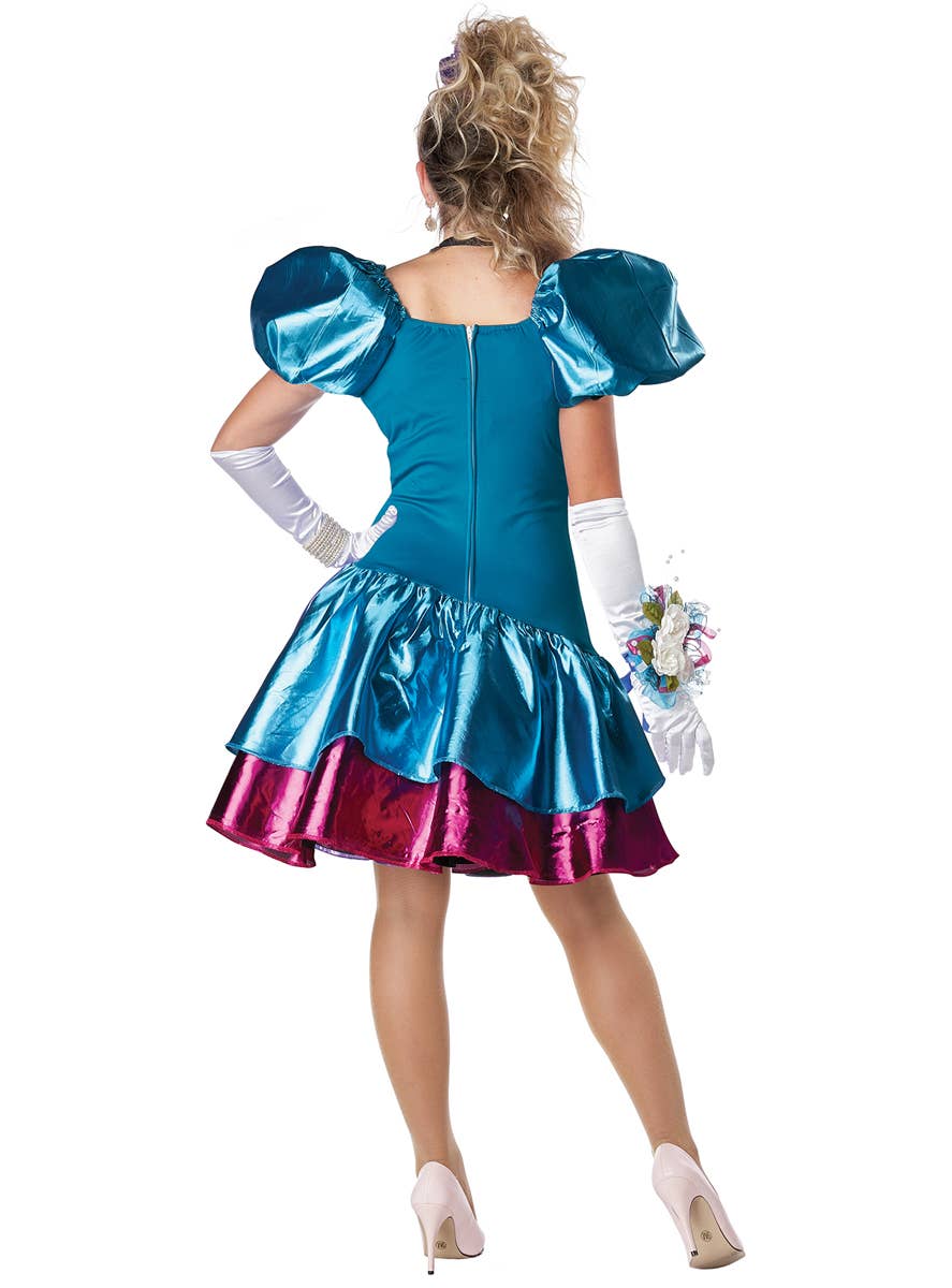 80's Party Dress Women's Metallic Blue and Pink Costume - Back Image