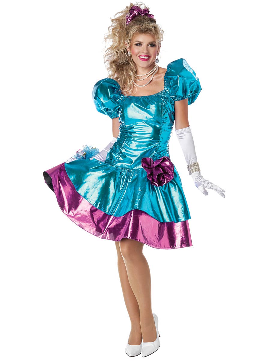 80's Party Dress Women's Metallic Blue and Pink Costume - Front Image