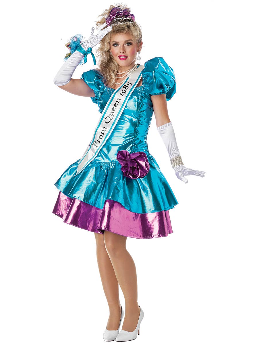 80's Party Dress Women's Metallic Blue and Pink Costume - Alt Front Image 2
