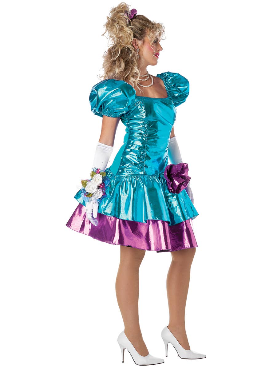 80's Party Dress Women's Metallic Blue and Pink Costume - Side Image
