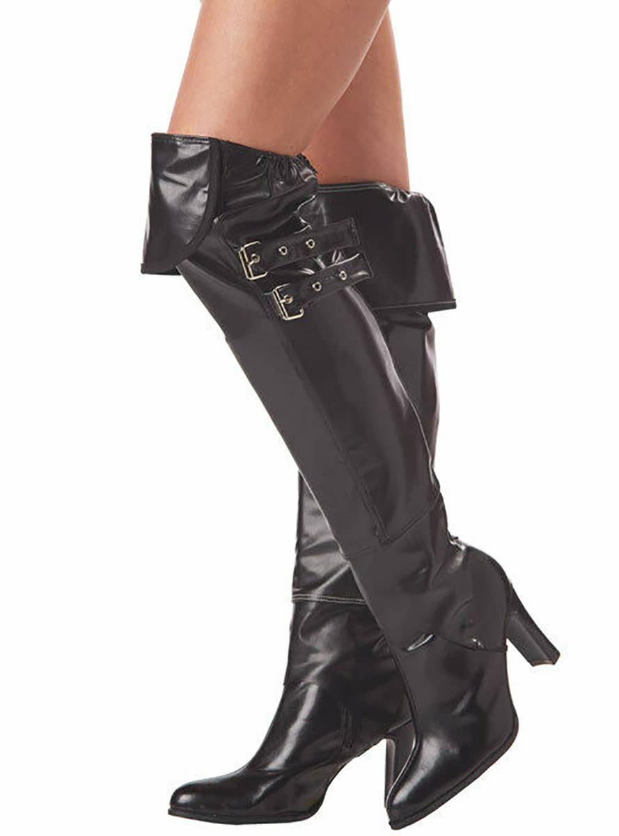 Womens Pirate Boot Covers in Black Vinyl Close Up Image