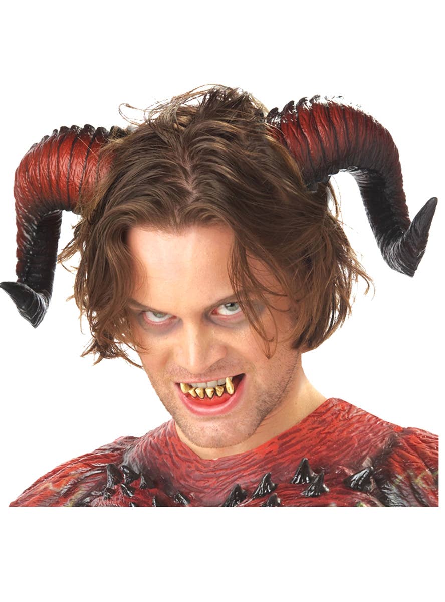Demon Horns Red and Black Large Pointed Rotten Teeth Set Devil Halloween Adult Costume Accessory Main Imag