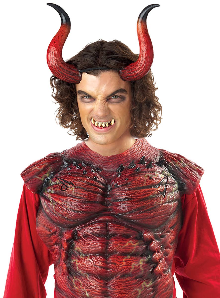 Large Red and Black Devil Horns and Pointy Teeth Set Scary Halloween Adult Costume Accessory Full Image