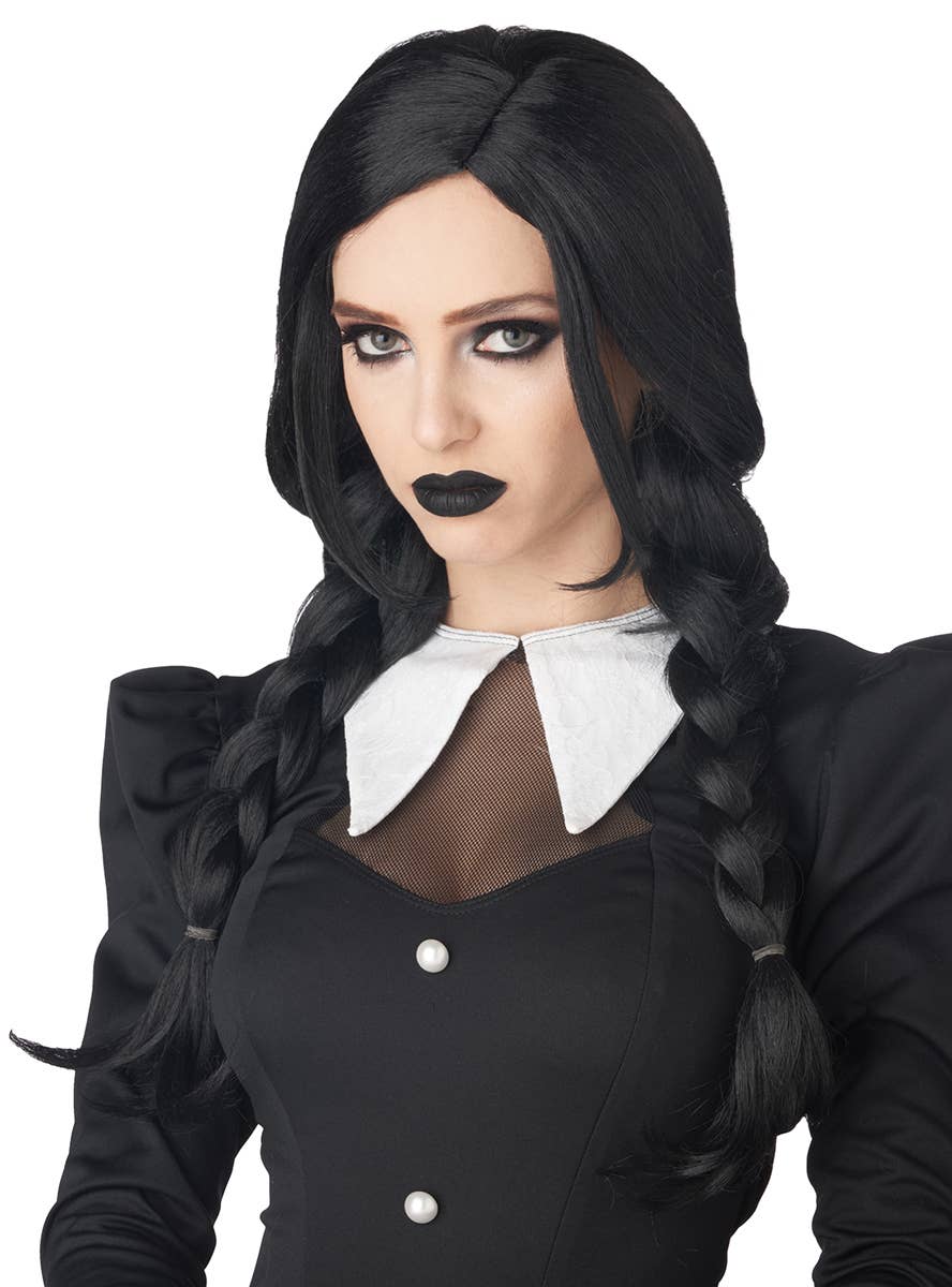 Long Black Wednesday Addams Inspired Braided Costume Wig for Women - Main Image