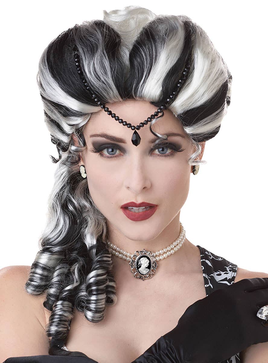 Black and White Streaked Victorian Side Curls Women's Costume Wig