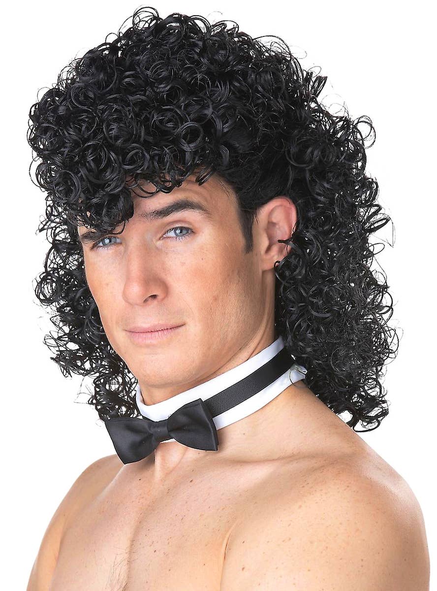 Black 80's Topless Waiter Stripper Wig and Bow Tie