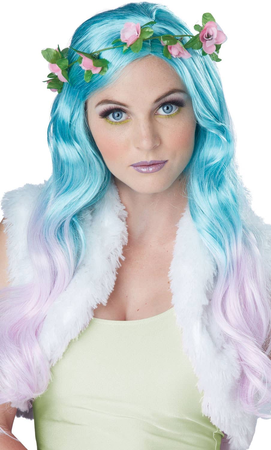 Pastel Blue And Pink Ombre Wig With Flower Crown Image 2