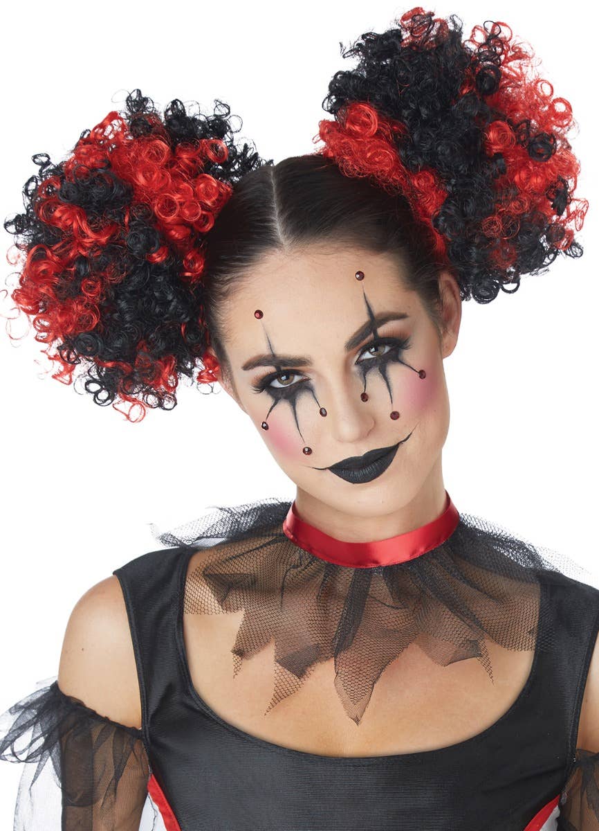 Clown Puffs Black And Red Clip In Curly Hair Buns Costume Accessory Main Image
