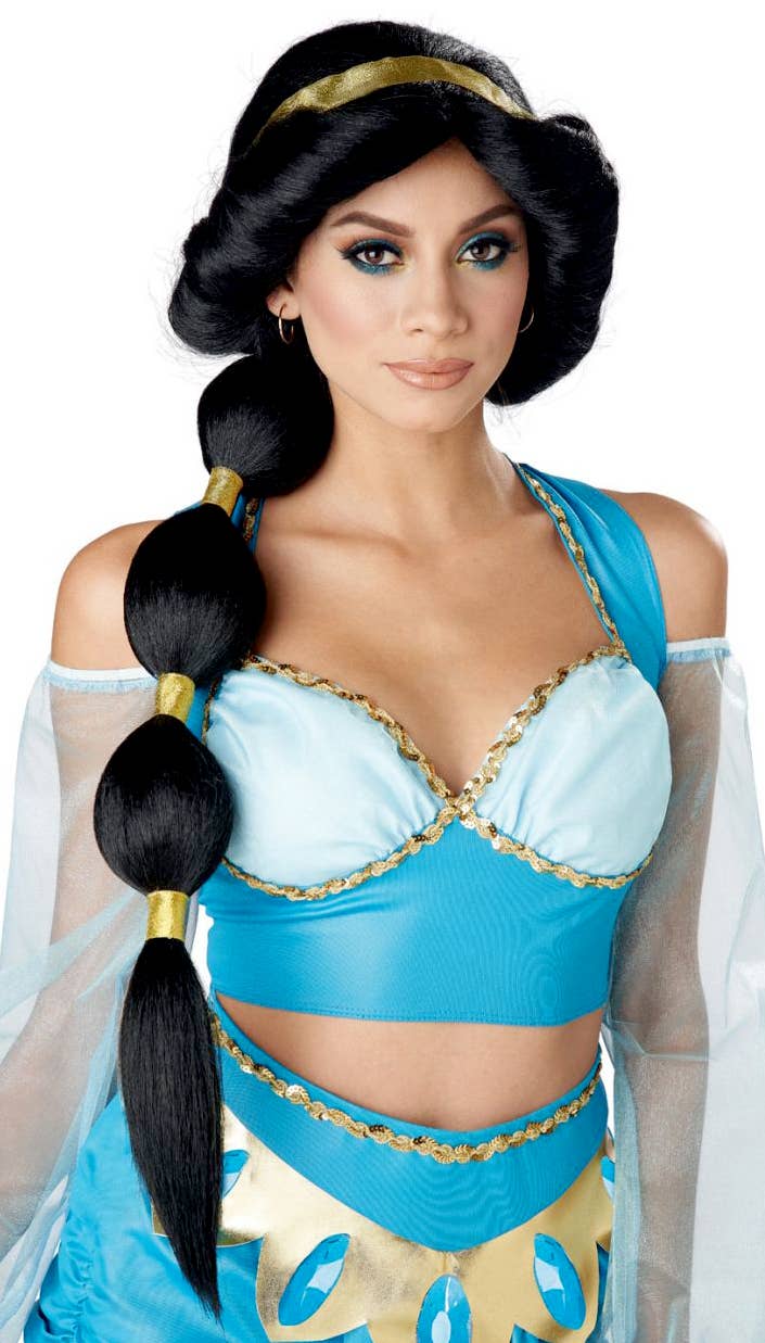 Women's Long Black Princess Jasmine Ponytail Costume Wig