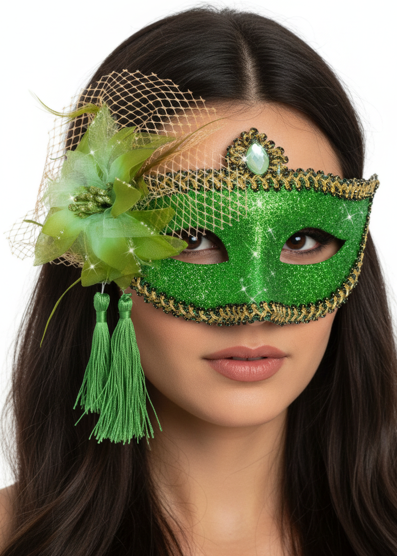 Green Glitter Womens Masquerade Mask with Flower Side - main image