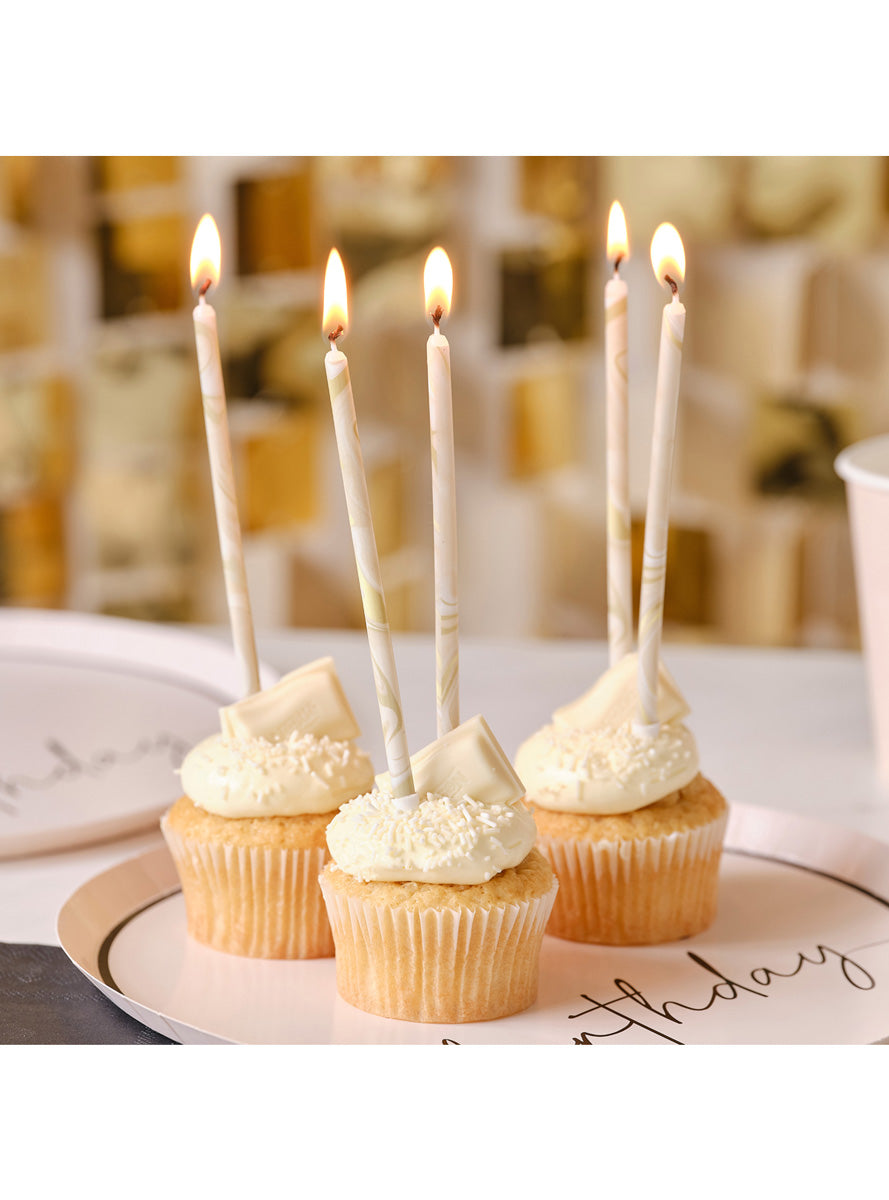 Champagne Noir Neutral Marble 12 Pack 18cm Birthday Candles – Lifestyle Image