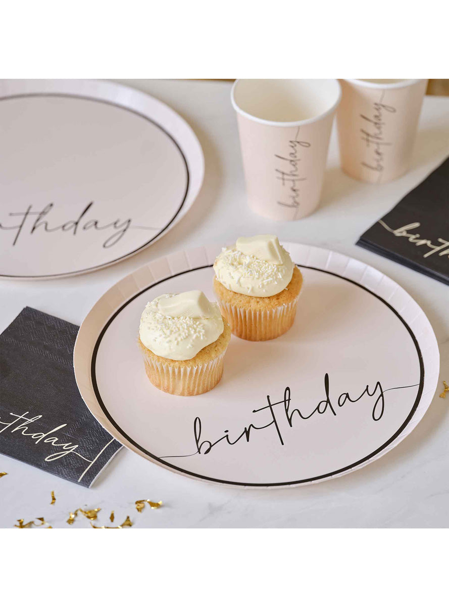 Champagne Noir Nude and Black 8 Pack Happy Birthday 25cm Paper Plates – Lifestyle Image