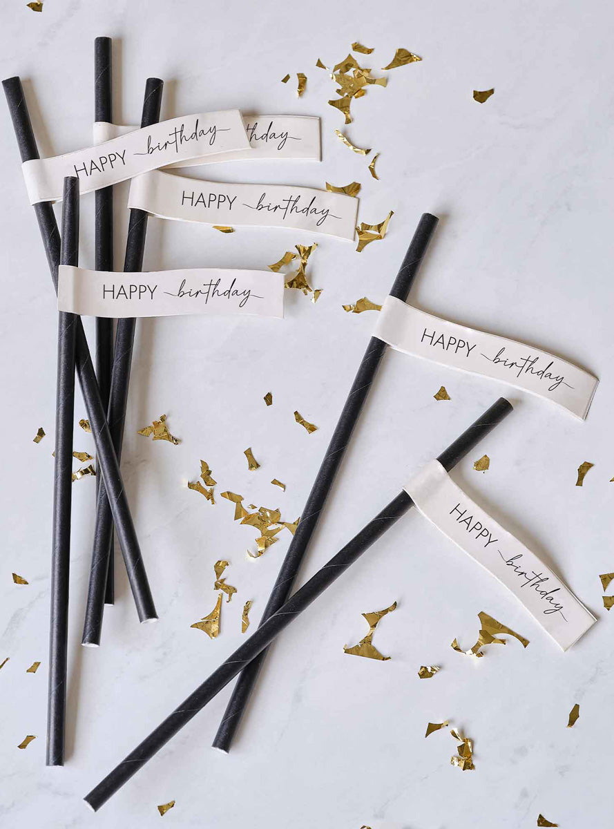 Champagne Noir Nude and Black Happy Birthday 16 Pack Paper Straws – Lifestyle Image