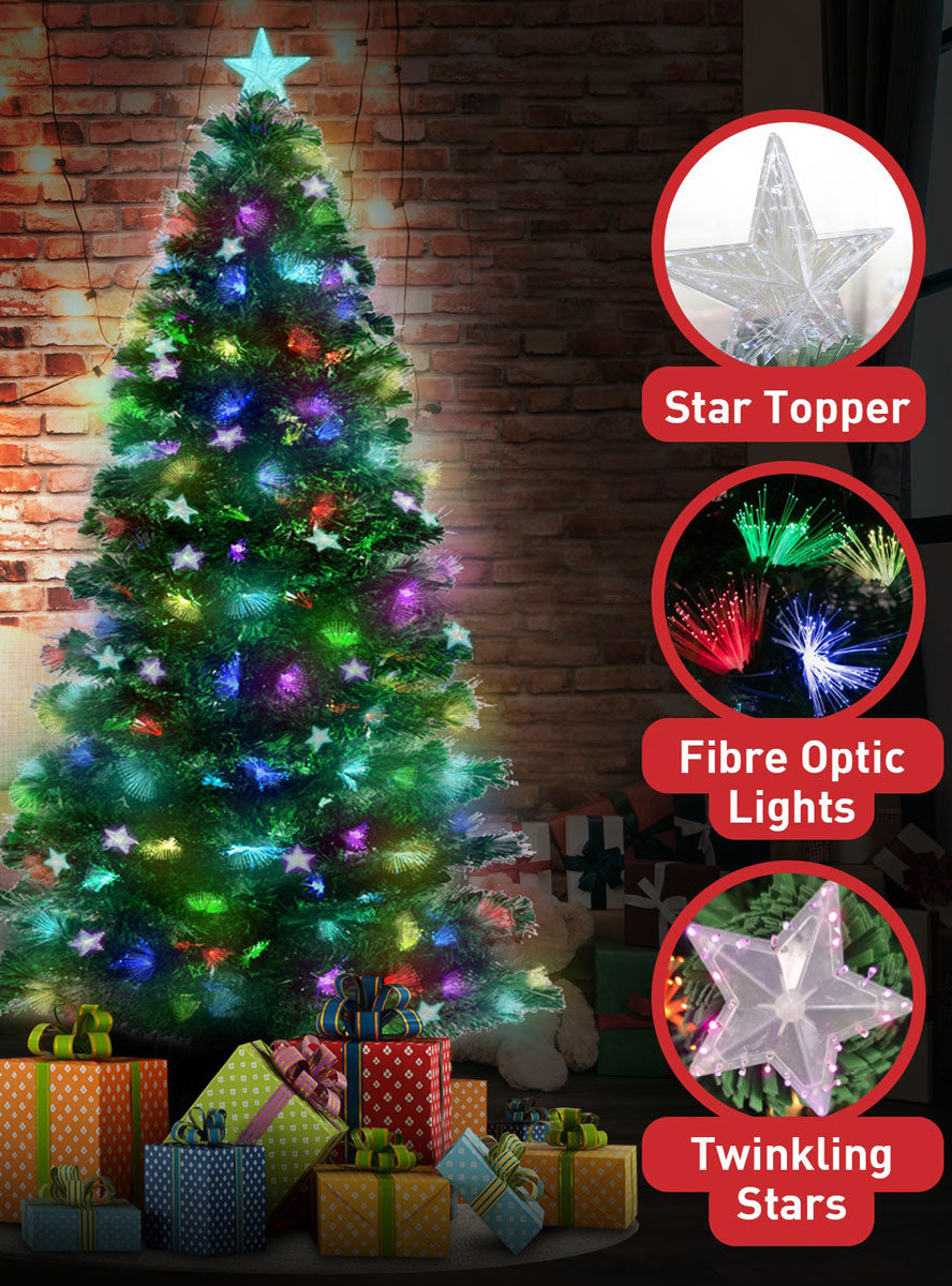 Christabelle Prelit Rainbow Fibre Optic Christmas Tree With Stars 210cm Information Image