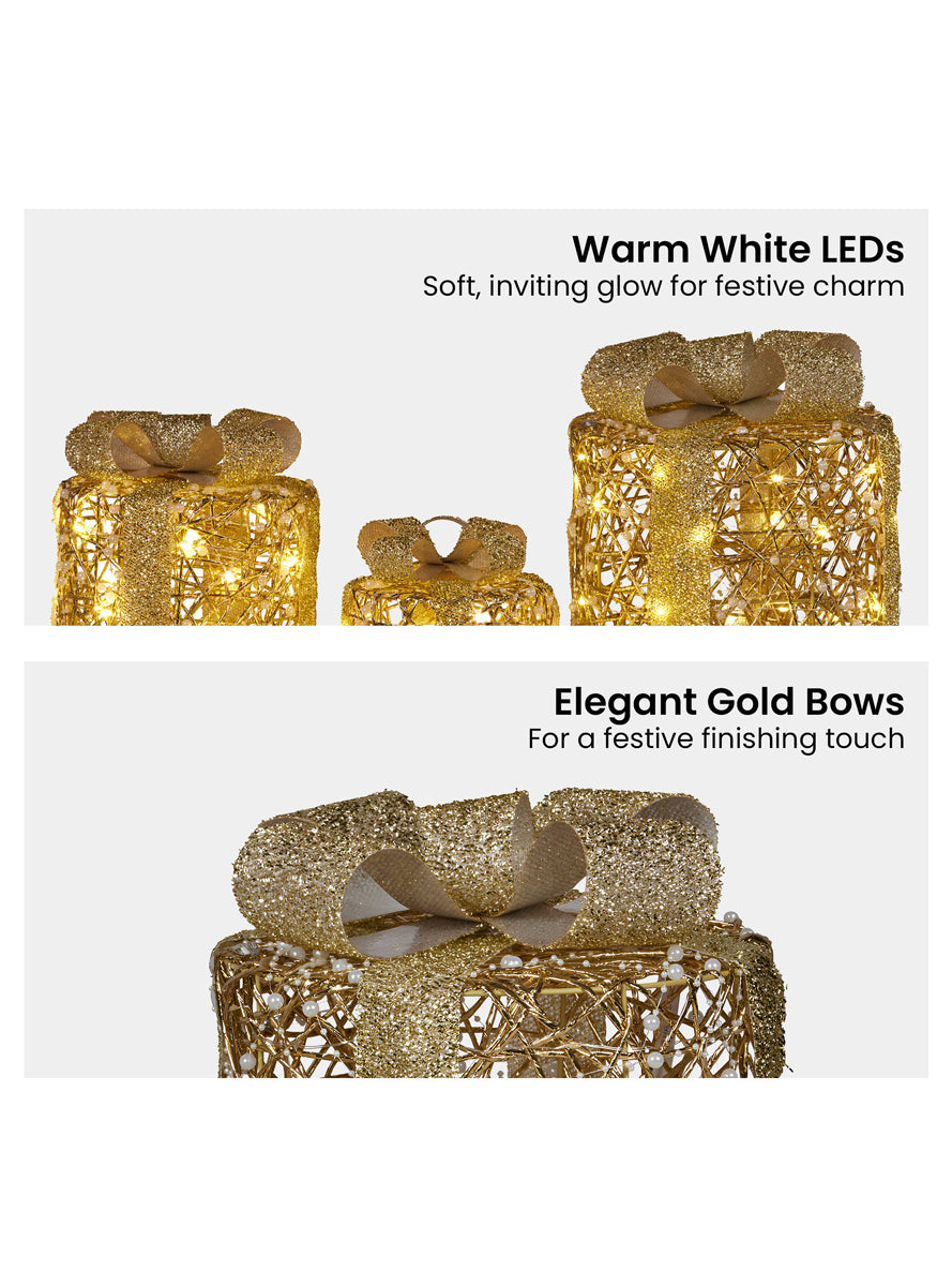 Christabelle Gold LED Light Up 3 Piece Gift Box Christmas Decoration Set - Details Image 2