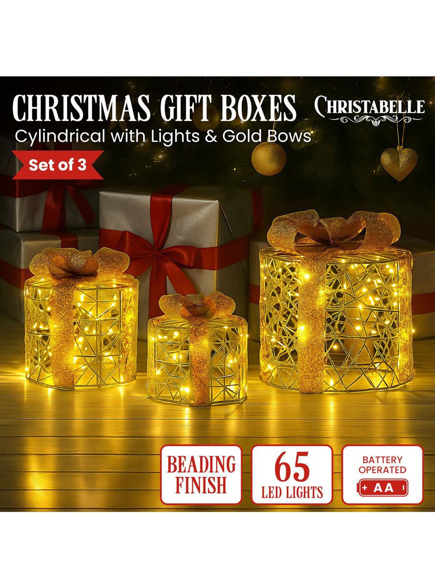 Christabelle Gold LED Light Up 3 Piece Gift Box Christmas Decoration Set - Details Image