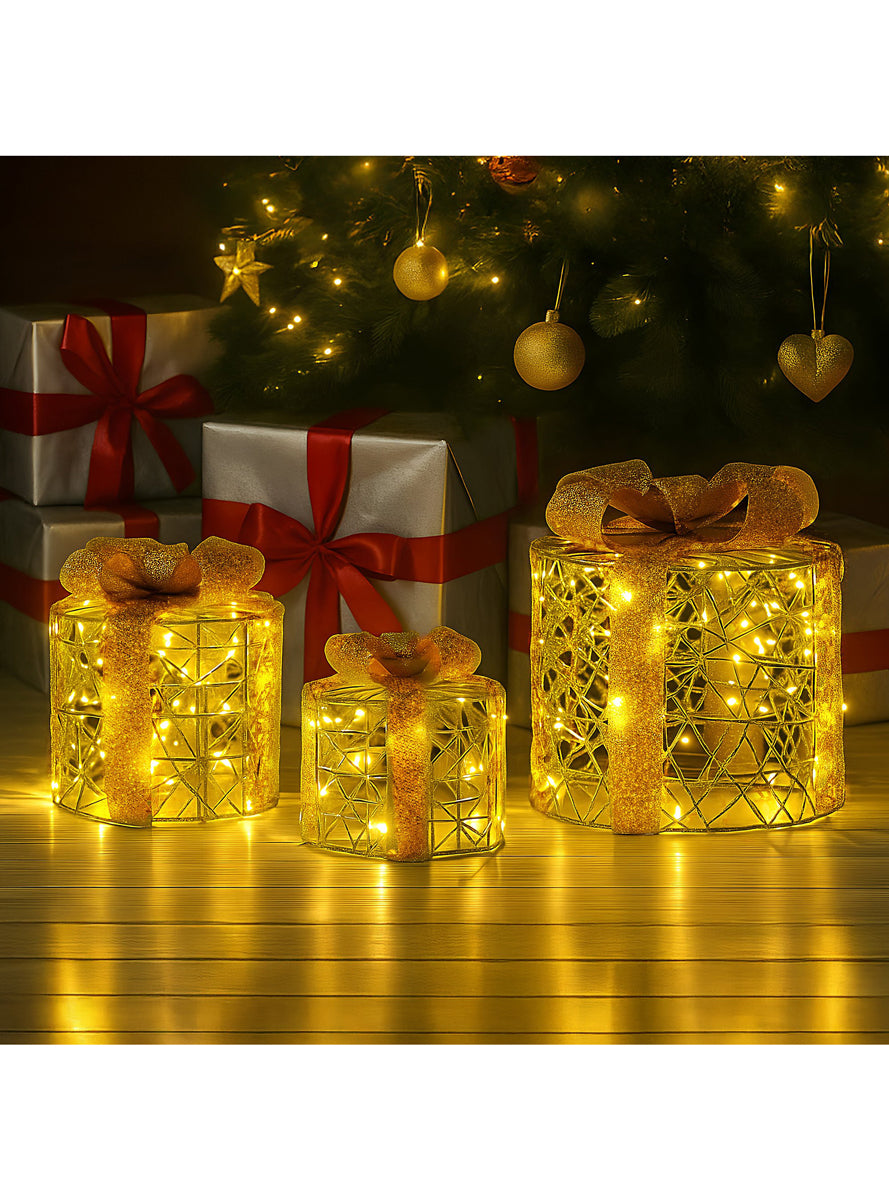 Christabelle Gold LED Light Up 3 Piece Gift Box Christmas Decoration Set - Illuminated Lifestyle Image
