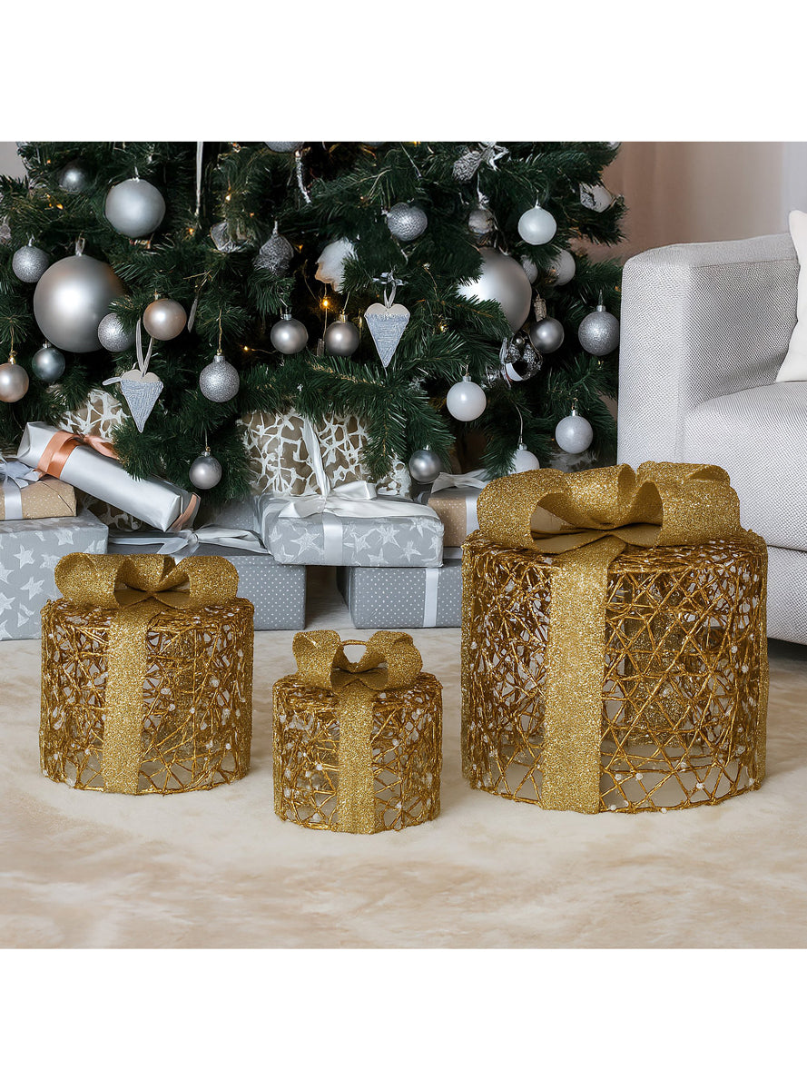 Christabelle Gold LED Light Up 3 Piece Gift Box Christmas Decoration Set - Lifestyle Image